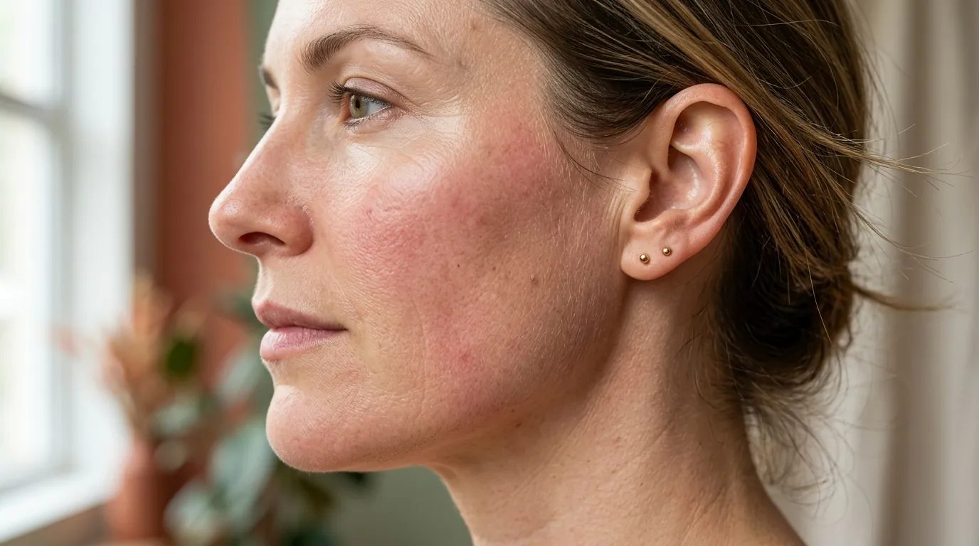 High-end editorial macro portrait celebrating skin realism showing candid human skin texture, pores, delicate micro-relief, and soft erythema under daylight