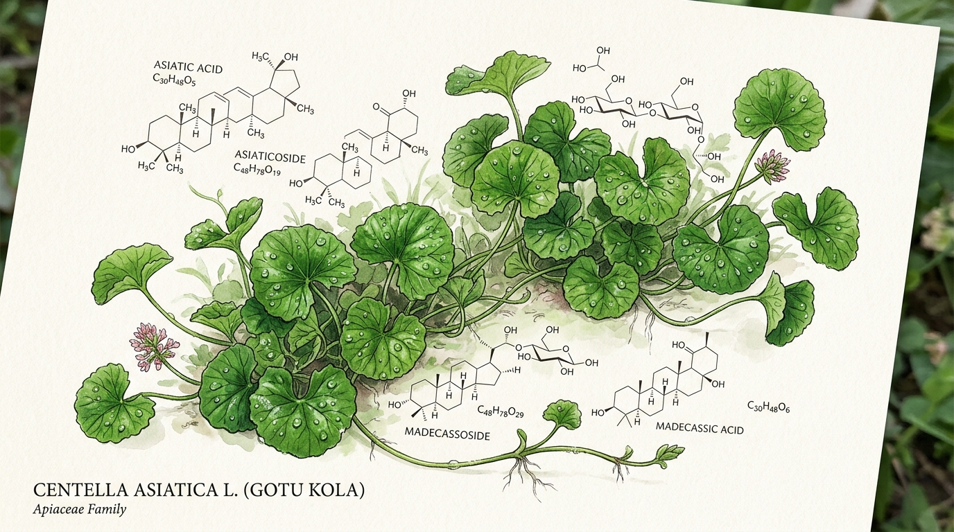 Lush green Centella Asiatica Gotu Kola botanical leaves with dew drops and subtle scientific triterpene molecular formulas