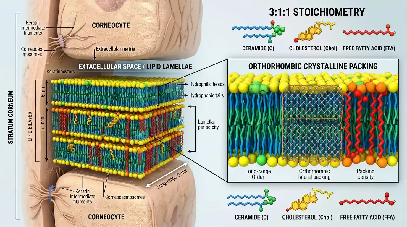 Scientific cross-section diagram of stratum corneum lipid bilayer showing ceramide cholesterol and free fatty acid molecular arrangement in lamellar structure