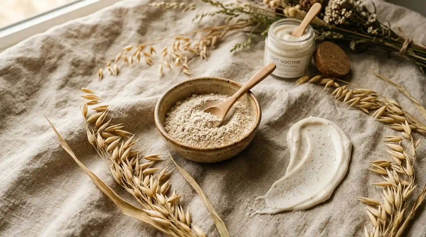 Botanical skincare flatlay with fine colloidal oatmeal powder in ceramic bowl surrounded by natural whole oat grain stalks and gentle soothing cream