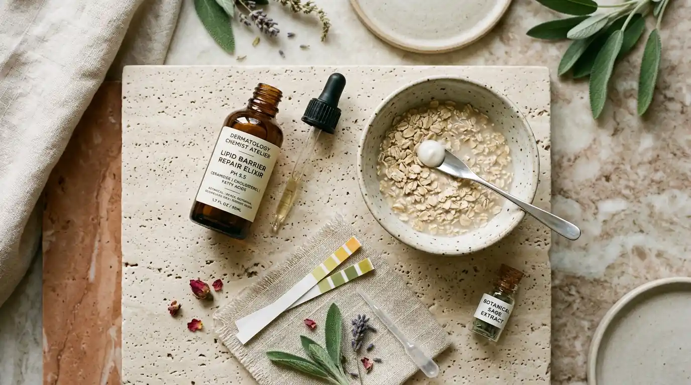 High-end clinical dermatology and botanical chemist atelier flat lay with amber dropper bottle of lipid barrier elixir, ceramic bowl of colloidal oatmeal, silver spatula, and pH indicator strips