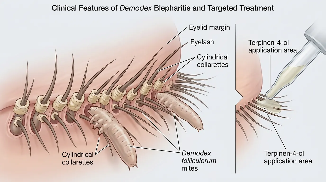 Close-up clinical illustration of eyelid margin showing Demodex infestation at lash follicles with tea tree oil treatment application diagram