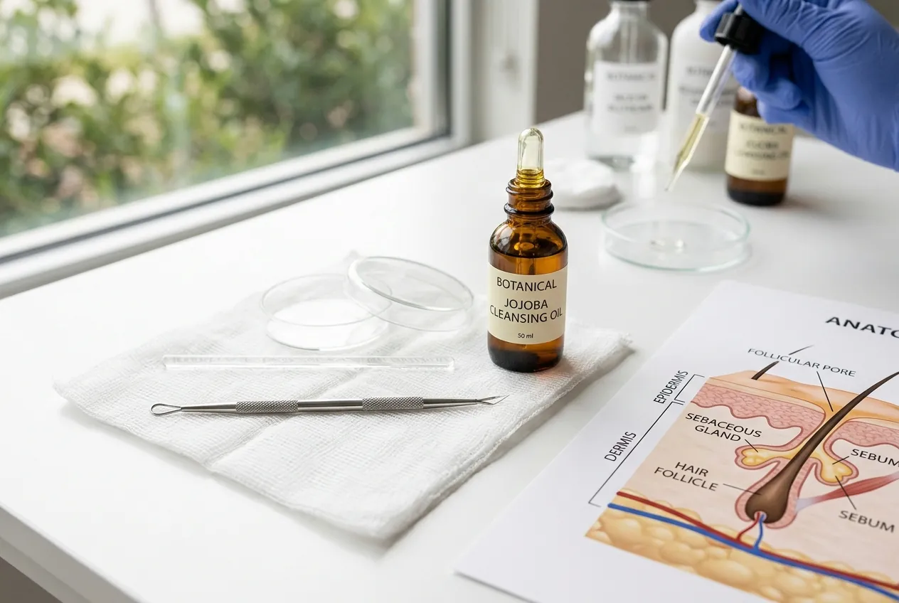 Clinical aesthetician workstation with delicate glass petri dishes, stainless steel comedone loop extractor resting on sterile gauze, botanical jojoba cleansing oil dropper bottle, and an anatomical chart depicting follicular pores and sebaceous glands