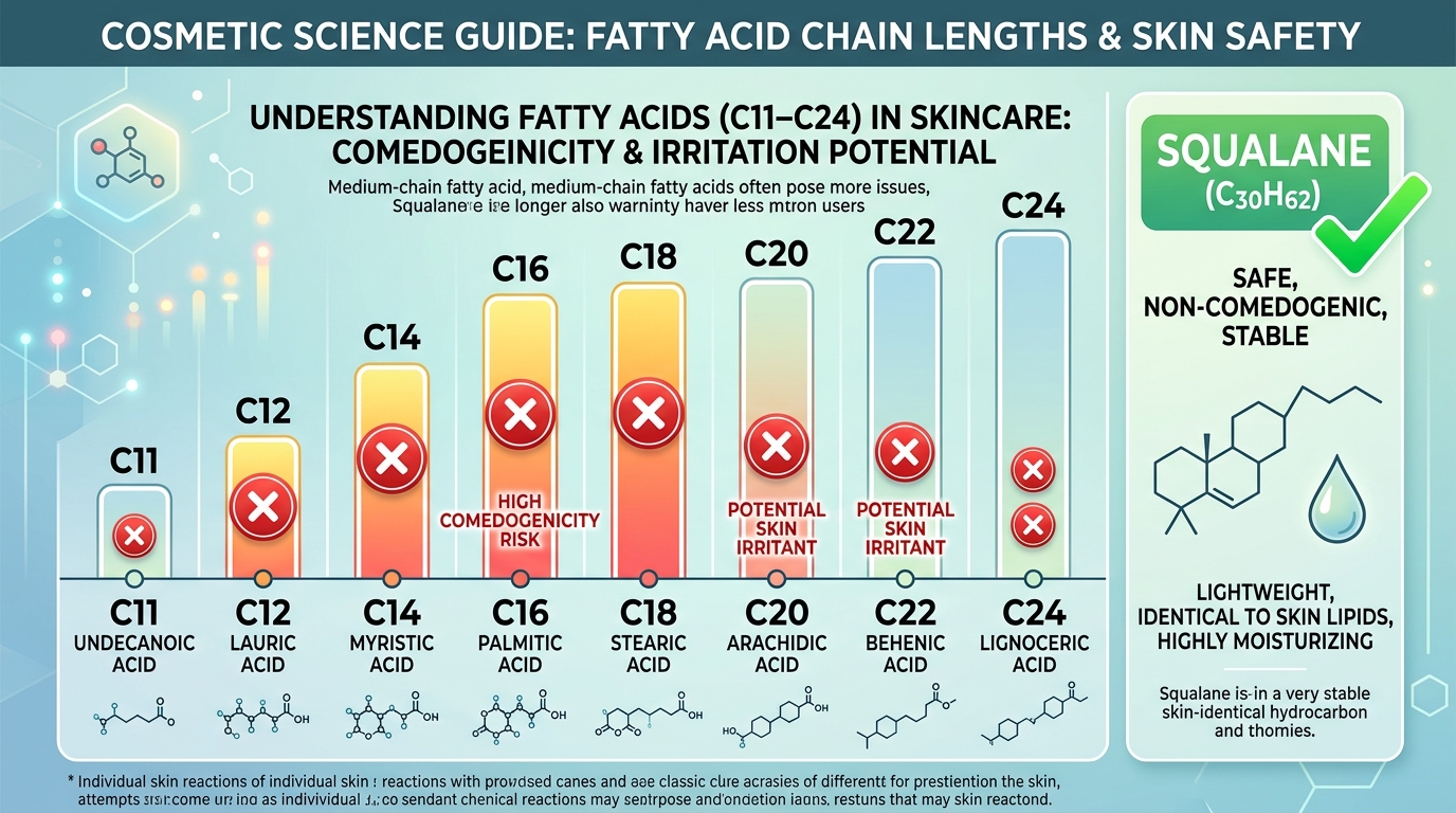 Editorial cosmetic science chart showing carbon chain lengths of fatty acids C11 through C24 with red warning markers and safe squalane with green checkmark