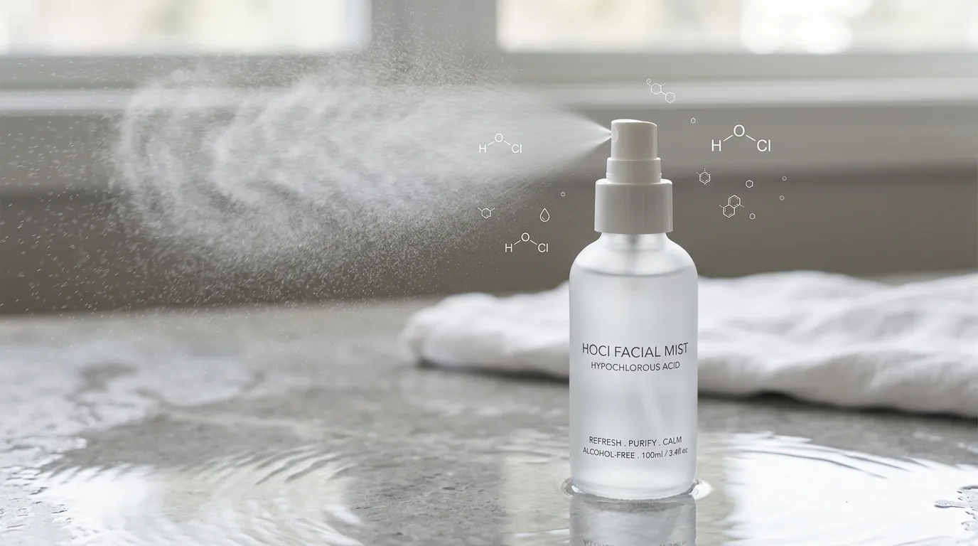 Clean minimalist product shot of hypochlorous acid facial mist spray bottle with molecular HOCl formula graphic and gentle skin care setting