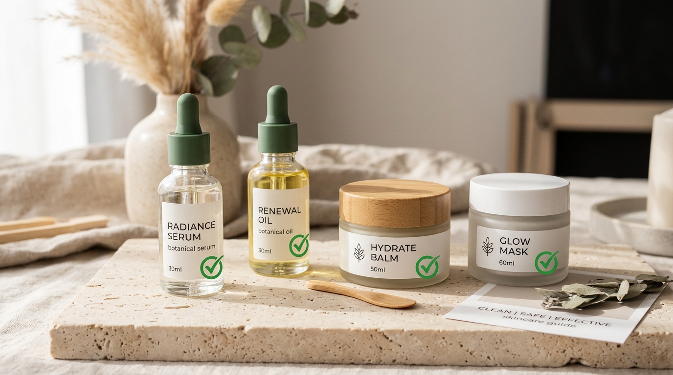 Clean aesthetic studio product guide featuring clear glass skincare droppers and jars with green safety checkmarks on light neutral stone surface