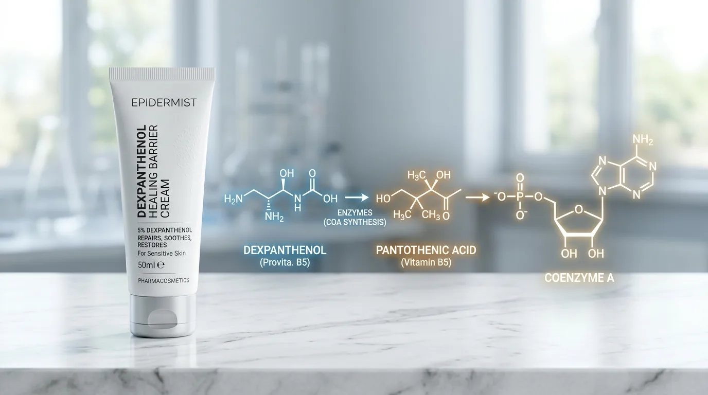 Clean clinical skincare product shot of dexpanthenol healing cream tube with molecular pathway diagram of pantothenic acid to coenzyme A conversion