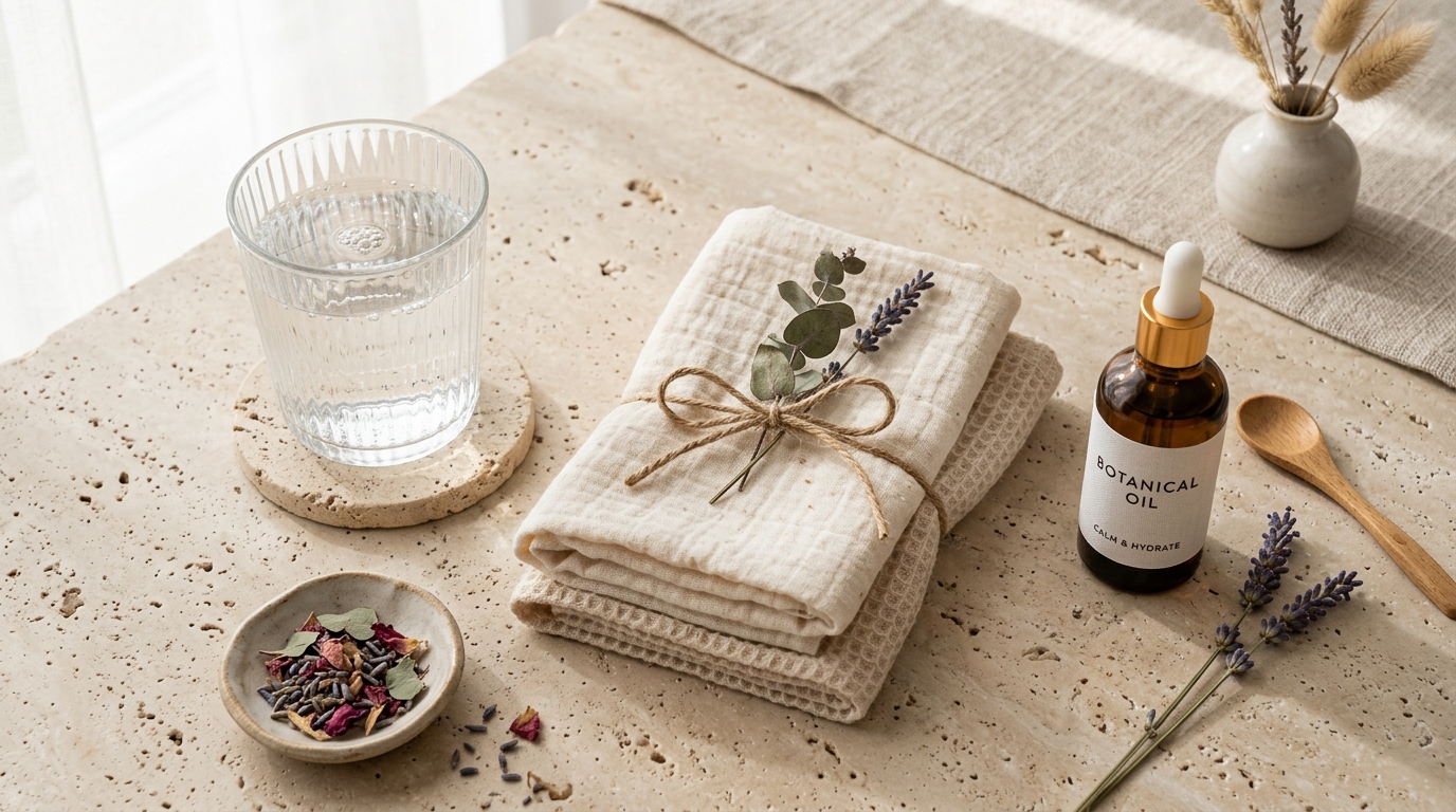 Aesthetic studio flatlay of minimalist zero-therapy essentials with clear glass of pure water, soft organic unbleached cotton cloths, and clean amber glass bottle