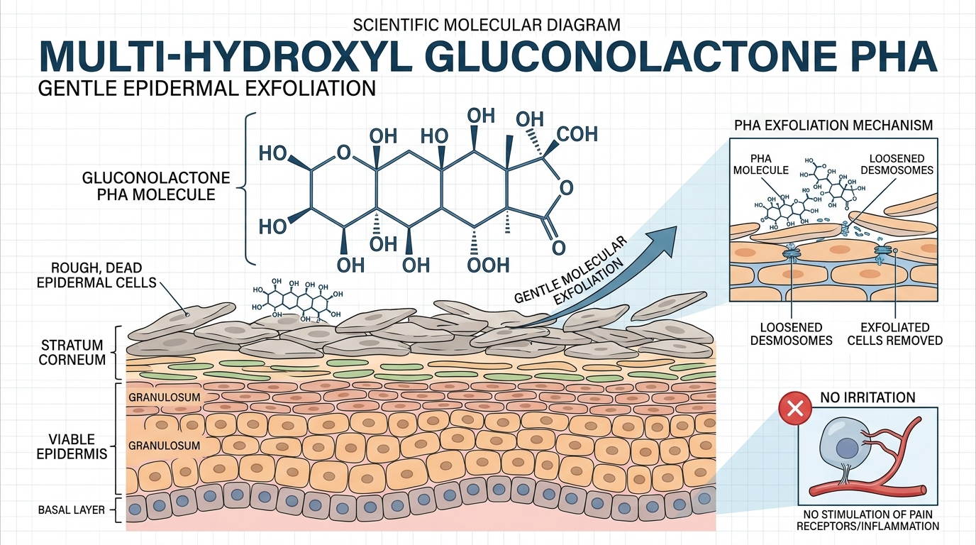 Scientific molecular diagram of multi-hydroxyl gluconolactone PHA molecule showing large molecular structure and gentle epidermal surface exfoliation without irritation