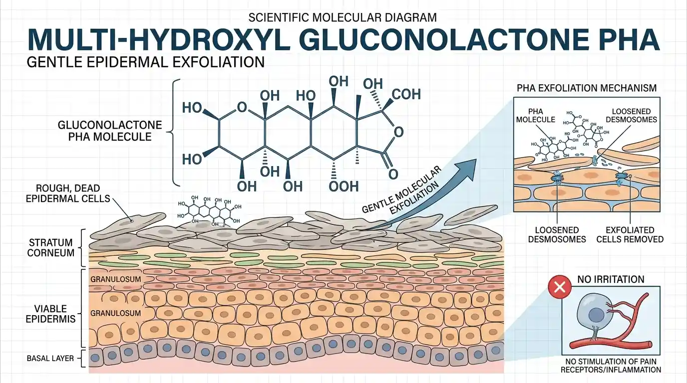 Scientific molecular diagram of multi-hydroxyl gluconolactone PHA molecule showing large molecular structure and gentle epidermal surface exfoliation without irritation