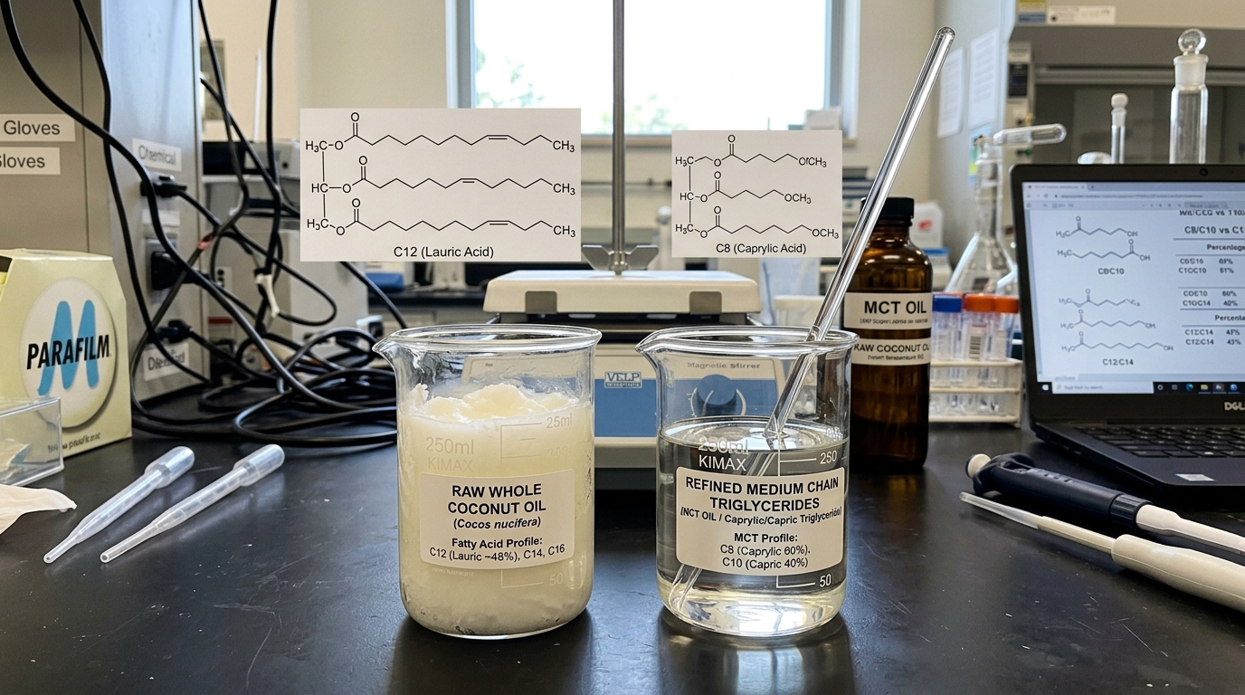 Cosmetic chemistry comparison of raw whole coconut oil lipid chains versus refined medium chain caprylic capric triglycerides in laboratory glass beakers