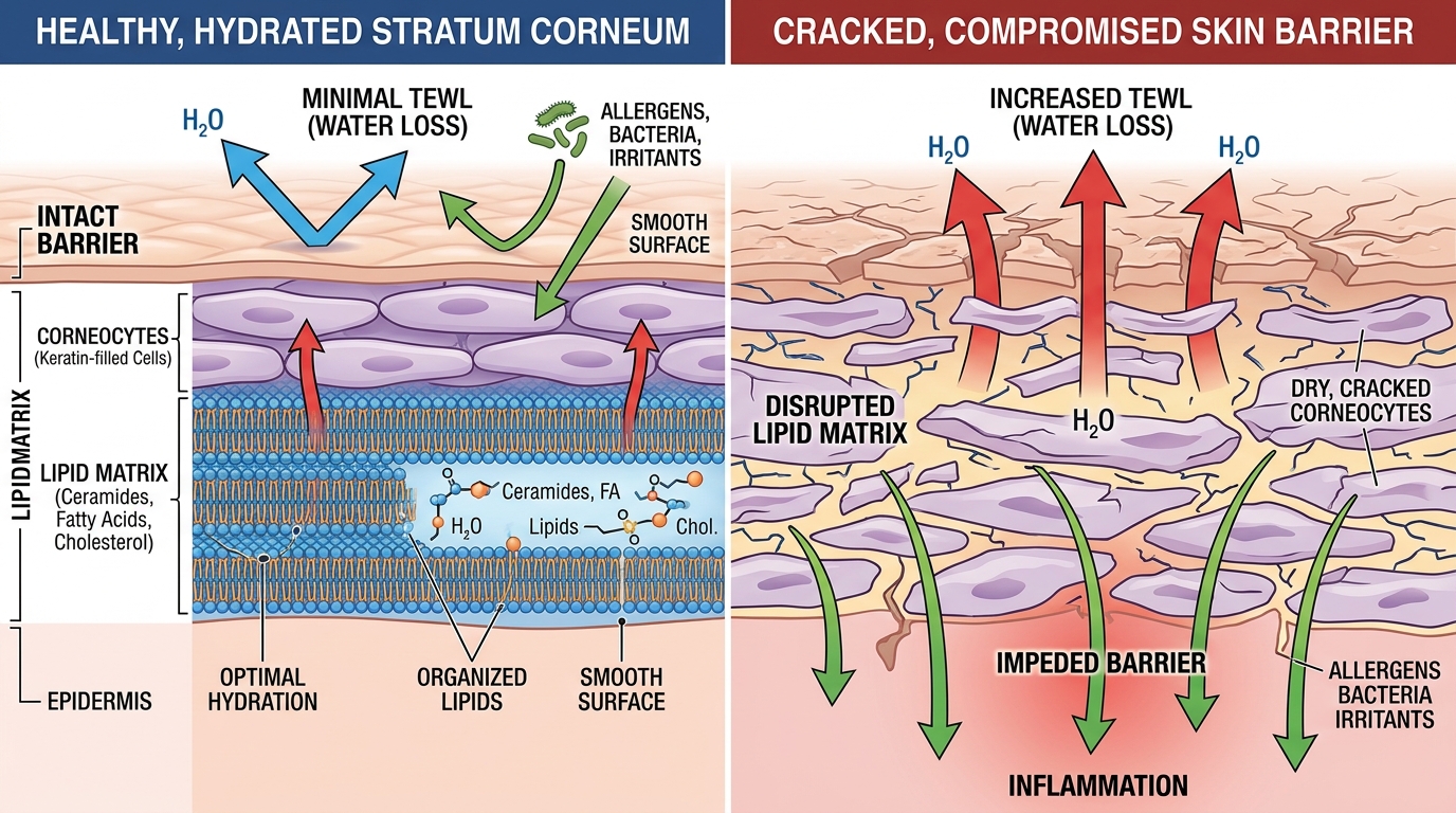 Cross section diagram comparing healthy hydrated lipid matrix of stratum corneum versus cracked compromised skin barrier showing transepidermal water loss and allergen penetration