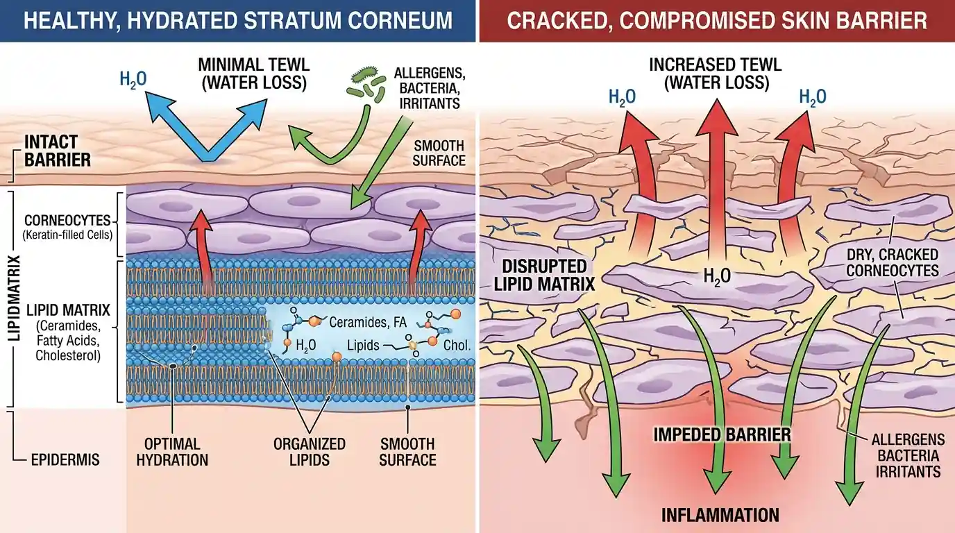 Cross section diagram comparing healthy hydrated lipid matrix of stratum corneum versus cracked compromised skin barrier showing transepidermal water loss and allergen penetration