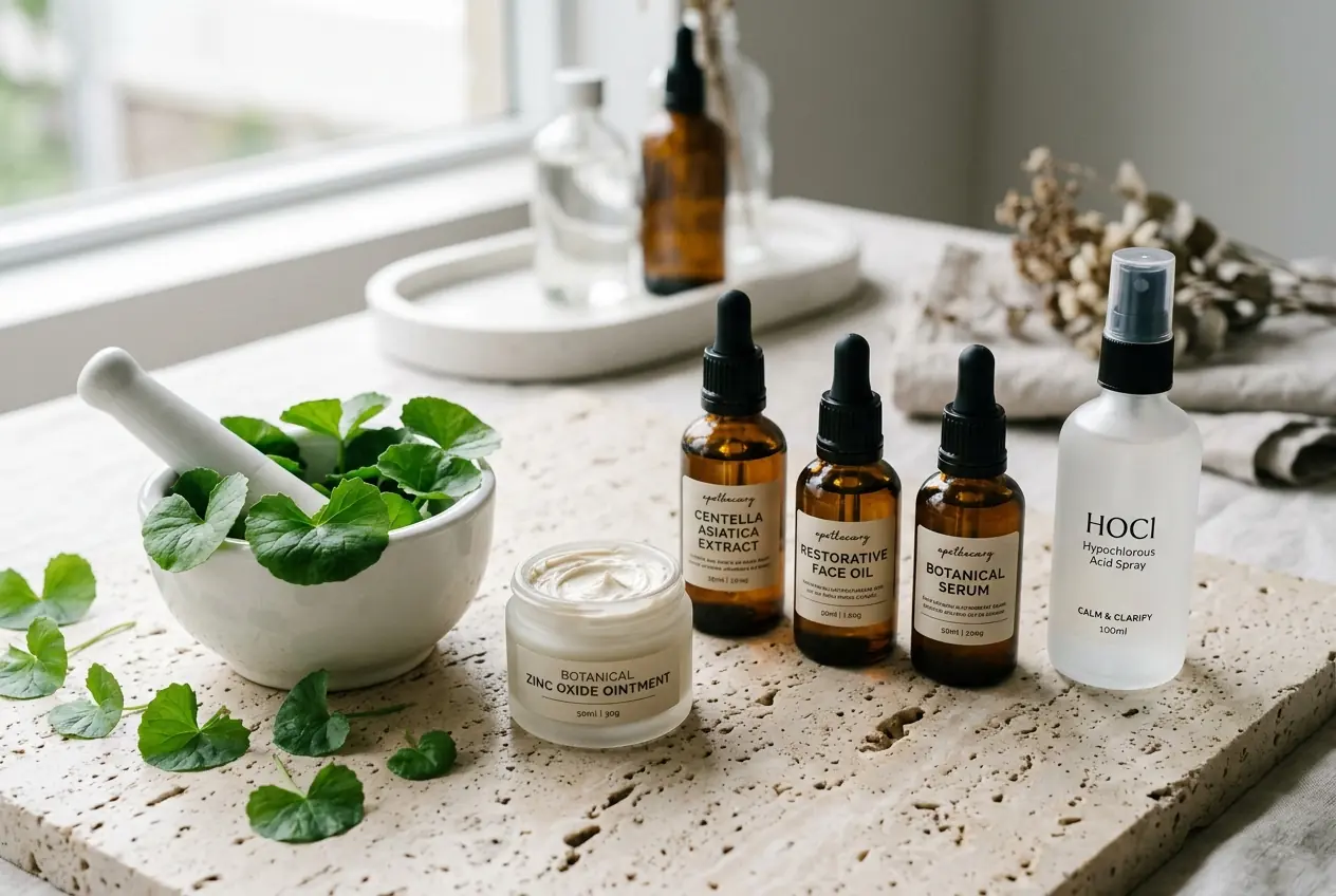 Clinical aesthetic atelier setting with amber glass apothecary dropper bottles, pure white ceramic mortar and pestle with botanical centella asiatica leaves, pharmaceutical zinc oxide ointment, and fine mist hypochlorous acid spray on travertine stone