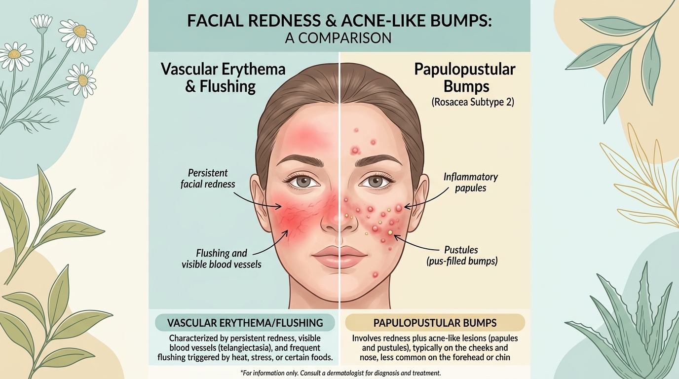 Clinical facial mapping illustration comparing vascular erythema flushing patterns versus papulopustular bumps across cheeks and nose