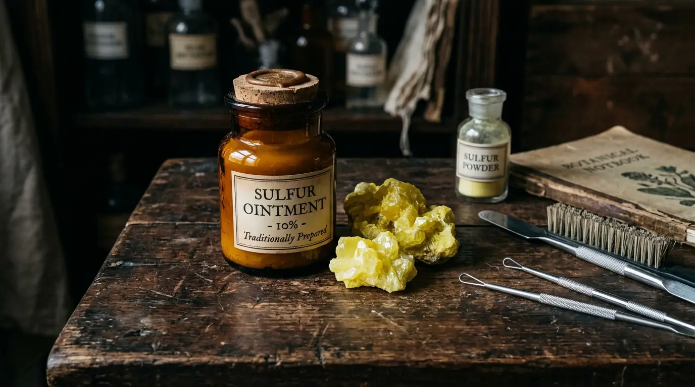 Traditional sulfur ointment jar with raw sulfur mineral specimens and clean skincare application tools on apothecary-style wooden surface