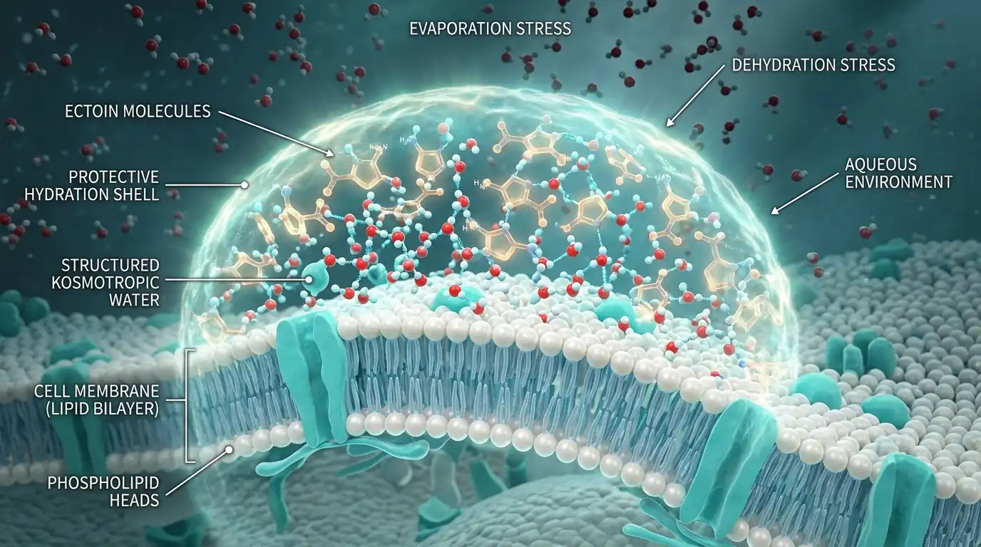Scientific visualization of ectoin extremolyte molecules forming protective hydration shell around skin cell membrane against dehydration stress